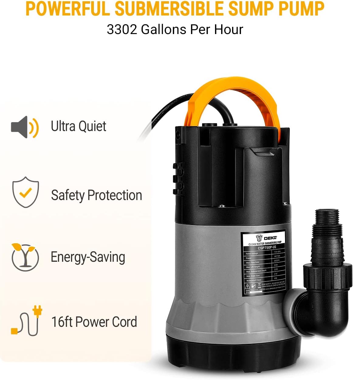 DEKO - Brandclub - DEKOPRO Submersible Water Pump 1HP 3302GPH 750W